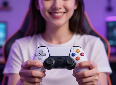 A close-up of a happy person holding a game controller, focused and smiling, in a vibrant gaming room with soft purple ambient light.