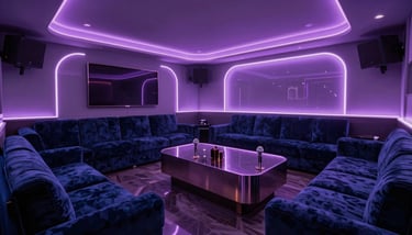 A group of friends laughing and singing karaoke together, vibrant atmosphere with deep midnight blue shadows and muted lavender stage lights.