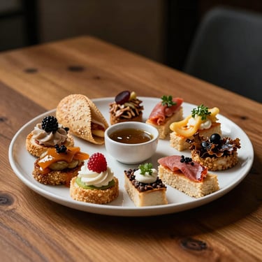 An elegant platter of gourmet appetizers and snacks served on a wooden table, warm lighting highlighting a home-like sophisticated meal.