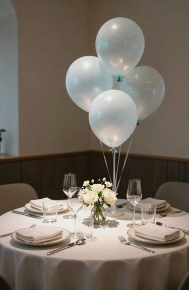 A beautifully decorated table for a birthday celebration with subtle pale mist balloons and elegant dinnerware in a cozy corner.