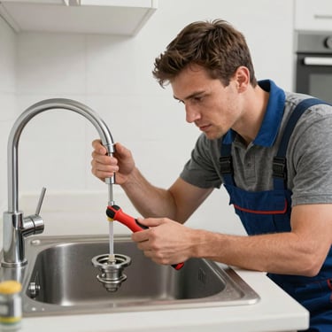 A professional technician in grey and blue workwear checking a sink siphon with specialized hand tools, Central European / German kitchen setting.