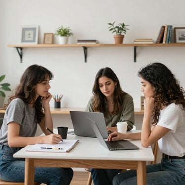 A creative team collaborating around a table with colorful label designs and laptops.