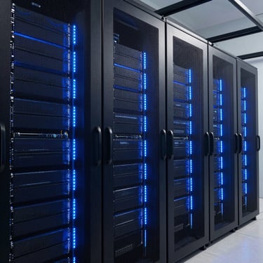 A modern, high-tech server room with glowing blue lights, representing the infrastructure of professional web development and digital solutions.