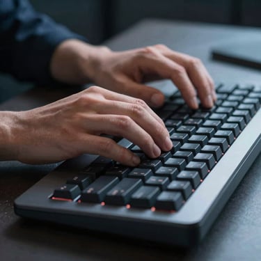A close-up of a person&amp;amp;#x27;s hands typing on a high-tech mechanical keyboard in a professional workspace with soft blue atmospheric lighting.