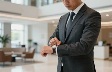 A professional North American businessman in a dark charcoal suit adjusting his watch, standing in a blurred, brightly lit modern office lobby.