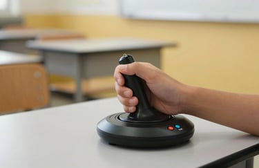 A close-up of a student's hand utilizing a specialized adaptive joystick at a clean, modern desk in a North American classroom. The focus is sharp on the technology with a soft yellow background.