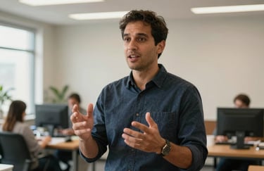 A professional North American educator standing in a bright office, using clear and compassionate hand gestures while explaining a concept. The style is warm and encouraging.