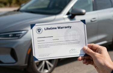 A close-up of a hand holding a lifetime warranty certificate with a modern car in the background, North American / US setting, professional and trustworthy feel, light grey and dark blue tones.