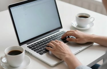 A pair of hands typing on a laptop with a cup of coffee nearby on a white desk, mist white and sky blue palette, clean and professional photography style.