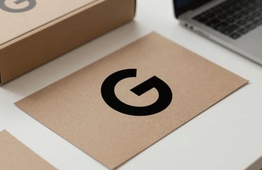 A top-down view of a designer's workspace with box templates and a digital print proof of a black logo on brown paper. Clean, modern industrial aesthetic using #6B4D3C and #F7F7F7.