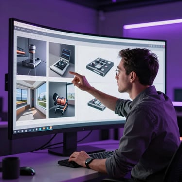 A creative director in a stylish studio setting, reviewing a high-resolution design concept on a large curved monitor, lighting is moody with neon violet accents.
