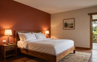 A beautifully finished suite bedroom in a South American / Brazilian residence. One accent wall is painted in deep terracotta, contrasting with soft sand walls. Warm evening lighting, professional photography.