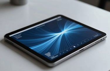 A high-tech digital tablet showing abstract data flows on a desk in a Latin American / Spanish business center, featuring sky blue and dark navy blue color tones.