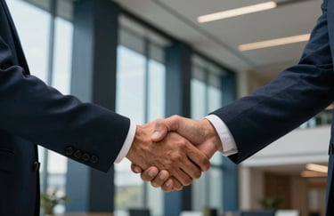 A close-up of a professional handshake between two business people in a modern Latin American / Spanish office foyer with dark navy blue architectural columns and sky blue glass walls.