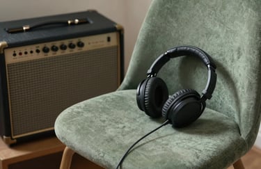 A cozy studio corner with a vintage amplifier and a pair of headphones on a sage green chair.