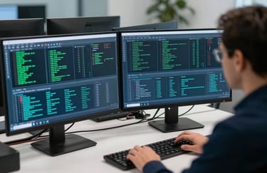 An over-the-shoulder shot of a cyber security expert analyzing data patterns on multiple sleek monitors in a modern North American workspace.