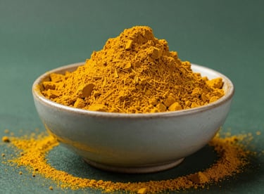 A ceramic bowl overflowing with vibrant golden turmeric powder against a dark green backdrop.