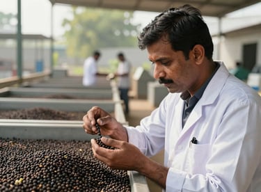 A South Asian / Indian quality expert inspecting whole black pepper in a sunlit outdoor area of a processing facility.