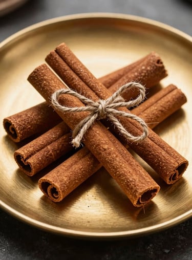 Artfully arranged cinnamon bark sticks tied with jute twine on a gold-toned metallic plate.