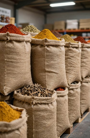 Neatly stacked jute bags filled with spices in a clean, professional warehouse with warm lighting.