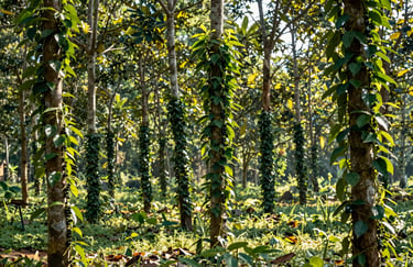 Black pepper vines climbing tall trees in a sunlit plantation in Kerala, South Asian / Indian agricultural setting.