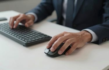 A close-up of a professional person's hand using a high-end keyboard and mouse, minimalist and clean desk setup, South American office context, professional photography.