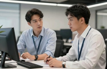 Two professionals in clean business attire collaborating in a sleek North American / US tech firm environment.