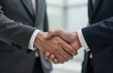 Close-up of a professional handshake between two individuals in elegant attire, conveying trust and partnership in an Italian corporate environment.