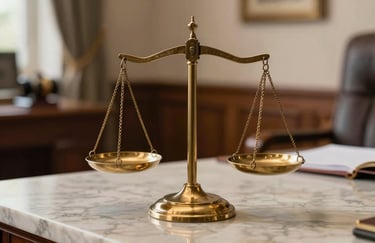 Detailed close-up of scales of justice made of polished brass on a marble table in an elegant Italian office, warm natural lighting.