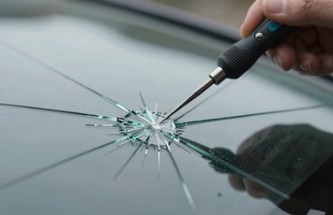 Macro photography of a specialized glass repair tool applying clear resin to a star-shaped crack on a windshield, professional studio lighting, focus on precision.