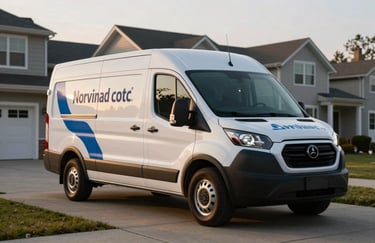 A white service van with professional professional blue branding parked on a driveway in front of a North American / US house at sunset.