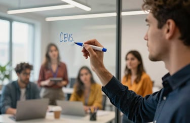 A behind-the-scenes candid photo of an office team planning content. A person is writing on a glass wall with a royal blue marker, surrounded by vibrant team members collaborating. Modern, relaxed workspace.