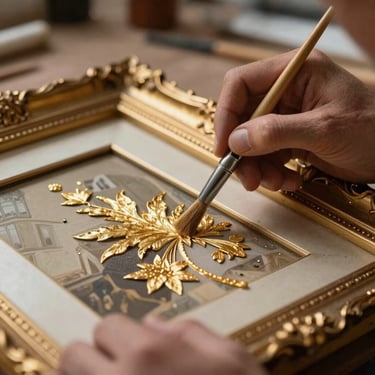 Close-up of an artisan's hands in a Portuguese workshop using a fine brush to apply gold leaf detailing to a classic picture frame.