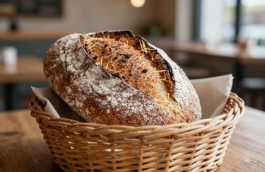 Close-up of a rustic, artisanal bread basket in a cozy Western / European-influenced cafe. The bread is dusted with flour, and the background is softly blurred with warm, grounded tones.