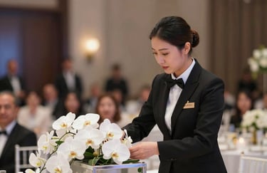 Close-up of a professional event planner meticulously arranging white orchids on a silver stage structure in a Sharjah ballroom.