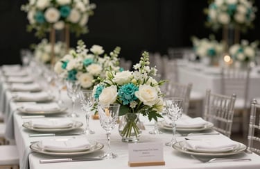 A high-end table setting at a Sharjah wedding venue with #FFFFFF plates, crystal glassware, and #76CDF0 floral centerpieces against a dark background.