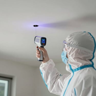 A technician in a white protective suit carefully inspecting a ceiling with an infrared thermal camera to detect hidden water leaks in a Miami home.