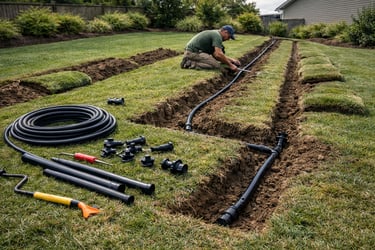 A professional landscaper installing an underground lawn irrigation system with black pipes in a yard.