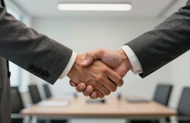 A professional handshake between business partners in a South American corporate setting, sharp focus on the hands, with a background of a modern office in medium gray and off-white.
