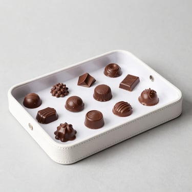 An assortment of gourmet milk and dark chocolate truffles in a white leather tray.