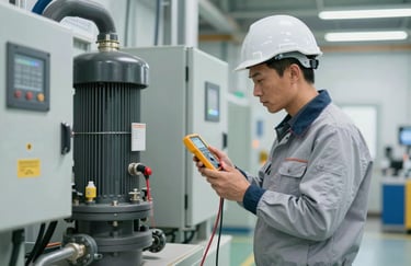 A professional engineer in a clean uniform inspecting a fire pump system in a modern facility. He is holding a digital multimeter near a control panel. The lighting is professional industrial, with soft Pearl White highlights.