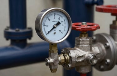 Close-up detail of a professional pressure gauge and steel valves on a fire pump system. The metal is polished steel, set against a background of Deep Navy pipes. The image conveys precision and high pressure reliability.
