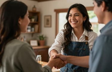 A close-up of a smiling family business owner shaking hands with a happy customer in a North American / Southwestern US (Hispanic-serving) home, warm and trustworthy atmosphere.