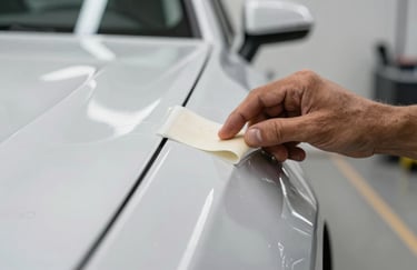 Close-up of a hand carefully applying a high-quality adhesive vinyl wrap to a vehicle surface. The application is smooth and professional. Bright, clean garage environment. Sul Americano / Brasileiro.