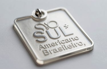 Macro shot of a laser-engraved acrylic badge on a clean surface. The light highlights the intricate details and the professional finish. Light gray background. Sul Americano / Brasileiro.