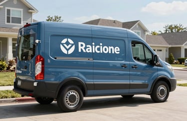 A professional service van with clean branding parked in a tidy North American / US residential driveway during the day. The scene uses slate blue and sky blue colors to feel modern and reliable.
