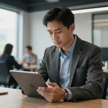 A professional North American businessman in business casual attire reviewing data on a sleek tablet in a modern, open-plan office setting with soft natural light.