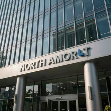 The exterior of a modern, glass-fronted North American corporate headquarters during the day, signifying growth, authority, and professional scale.