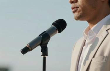 A side profile of a professional in a smart blazer using a sleek microphone, soft sky blue and pearl white tones, South American / Brazilian professional context.