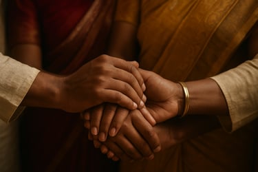 Close-up of diverse hands shaking or joined in a gesture of unity in a South Asian / Indian cultural context, professional lighting.